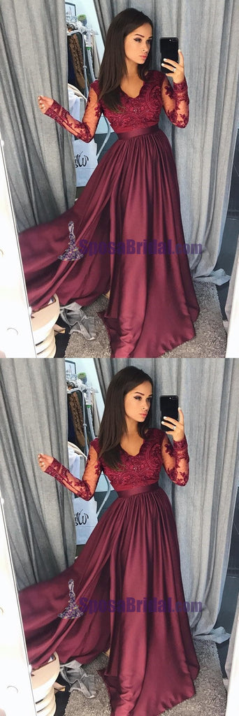 Charming Long Sleeves V neck Top Lace Chiffon Navy Grey Burgundy Prom Dresses, Evening dress, PD0668 - SposaBridal