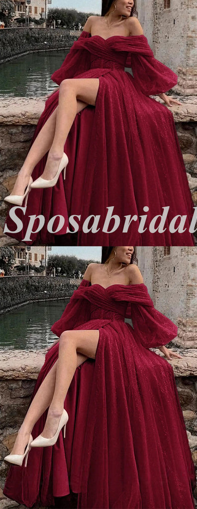 Elegant Tulle Off Shoulder Long sleeve Side Slit A-Line Long Prom Dresses,PD3653