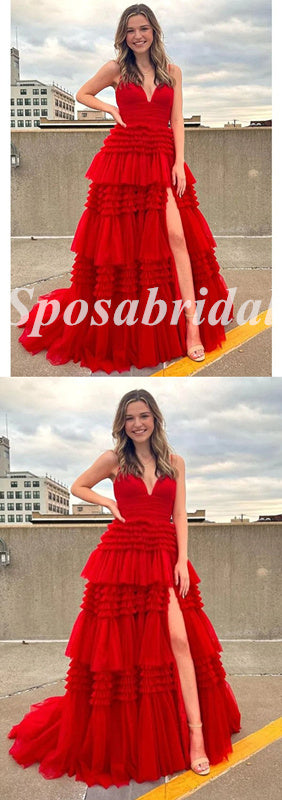 Sexy Red Tulle Spaghetti Straps V-Neck Side Slit A-Line Long Prom Dresses,PD3664