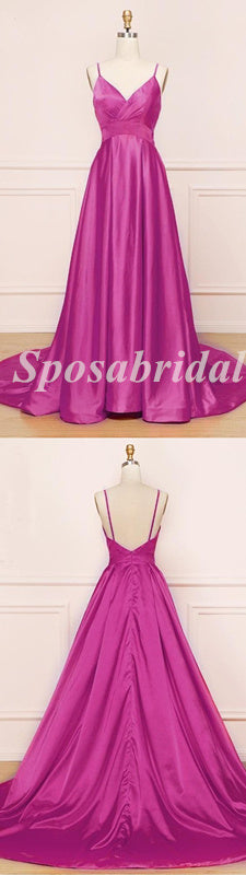 Sexy Soft Satin Spaghetti Straps V-Neck Sleeveless Backless A-Line Long Prom Dresses, PD3581