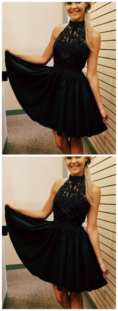 Cheap Short Lace Beaded Halter Black Homecoming Dresses 2018, CM481 - SposaBridal