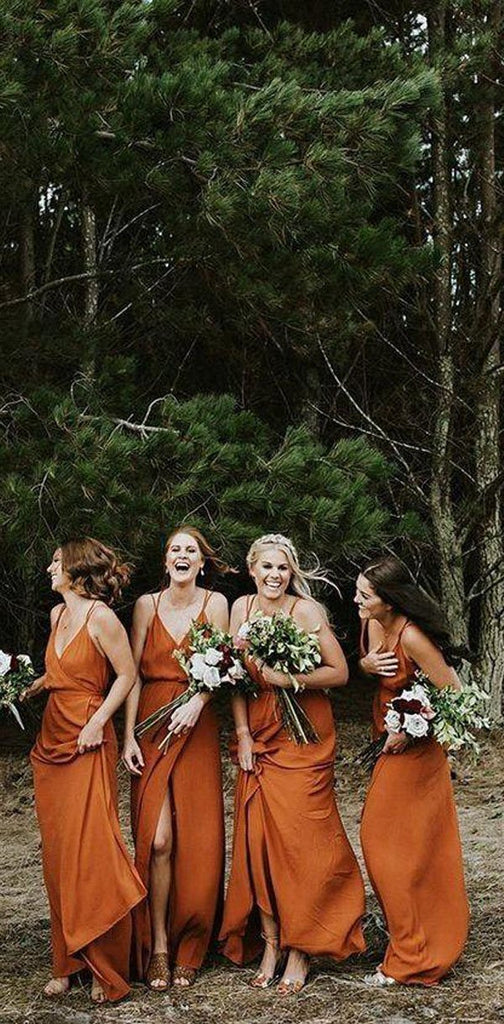 Coral Spaghetti Strap Simple Cheap A-Line V-Neck Fall Bridesmaid Dress, WG302