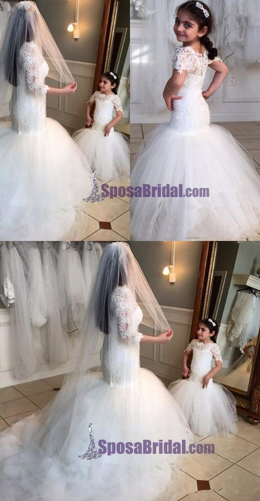 New Hot Selling  Custom Made Half Sleeves Floor Length Lace Mermaid Flower Girl Dresses, Junior Bridesmaid Dresses, FG114