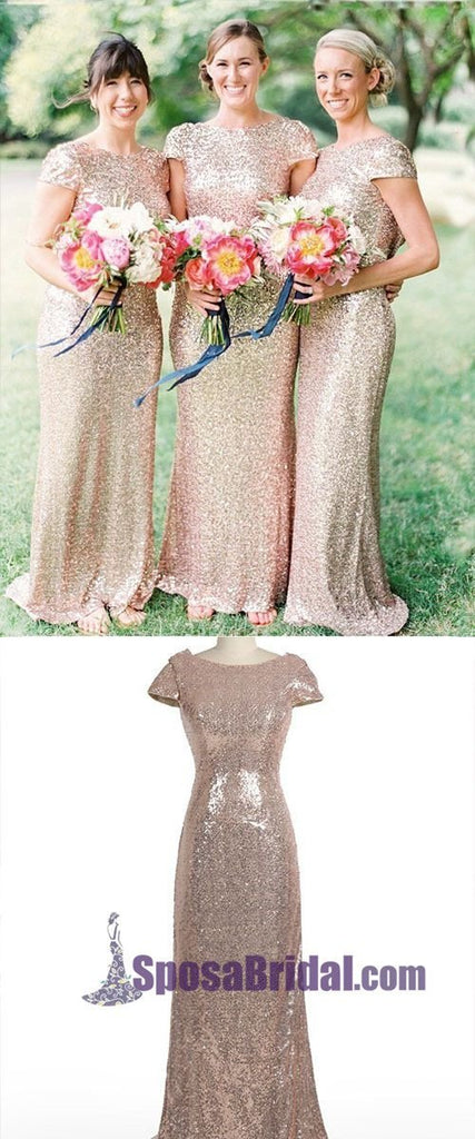 2019 Charming  Most popular mermaid short sleeves sequin long Bridesmaid Dresses, WG04 - SposaBridal