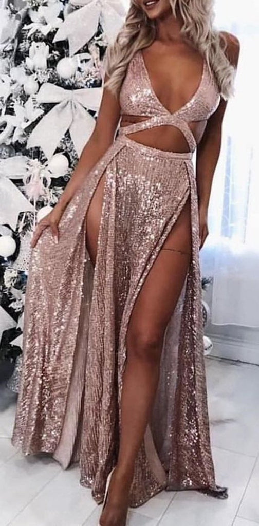 A-Line Charming Sexy Sequin Sparkly Rose Gold and Black Split Prom Dresses, Evening dresses, PD0594