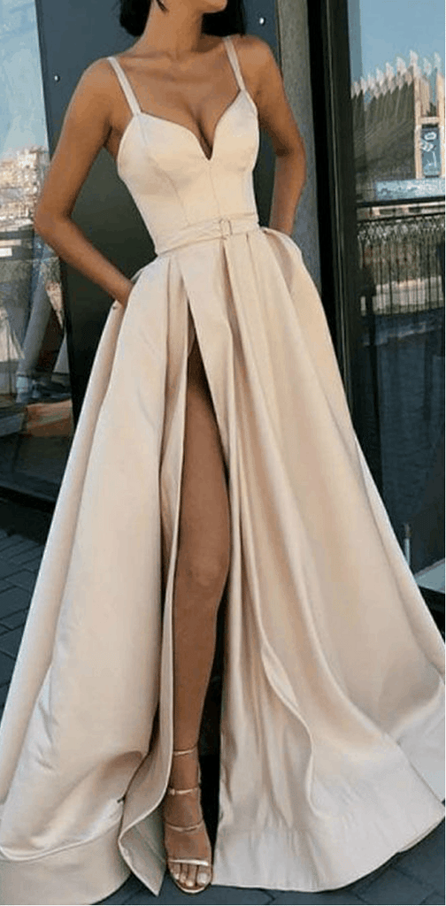 A-Line Formal Custom Spaghetti Straps Long Side-slit Prom Dress, PD0943