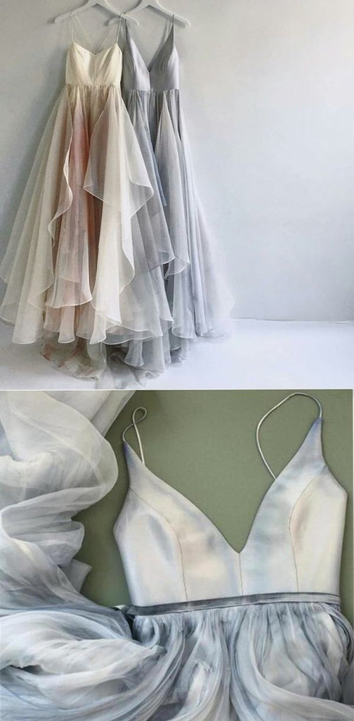 2019  A-line  Spaghetti Straps Simple V Neck Tulle Charming Cheap Pretty Long Party Prom Dresses ,PD0232 - SposaBridal