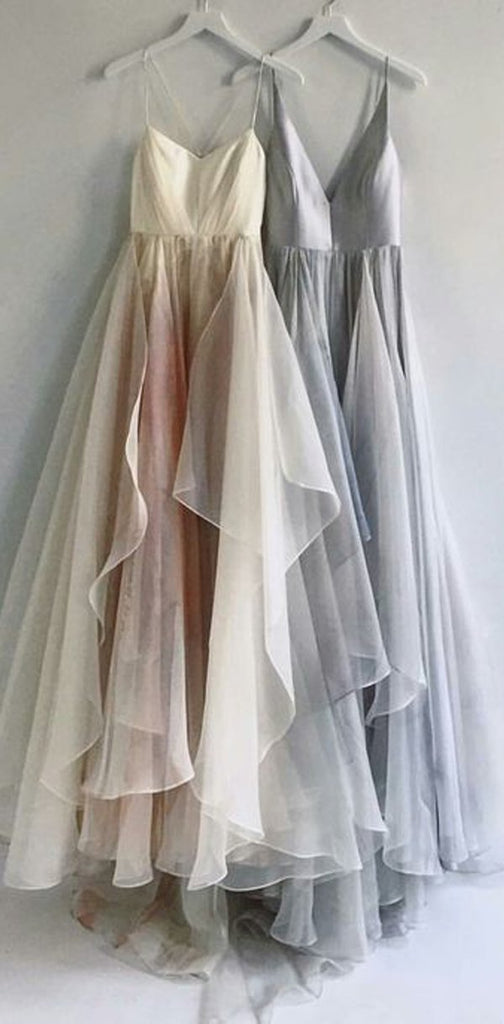2019  A-line  Spaghetti Straps Simple V Neck Tulle Charming Cheap Pretty Long Party Prom Dresses ,PD0232 - SposaBridal