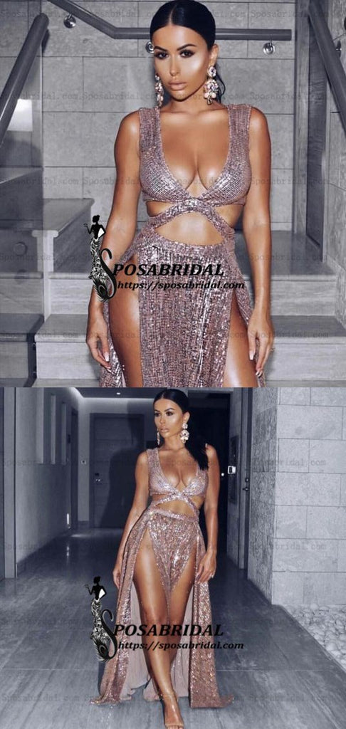 2019 Charming A-Line Sexy Sequin Sparkly Rose Gold Split Modest Party Prom Dresses, PD0900 - SposaBridal