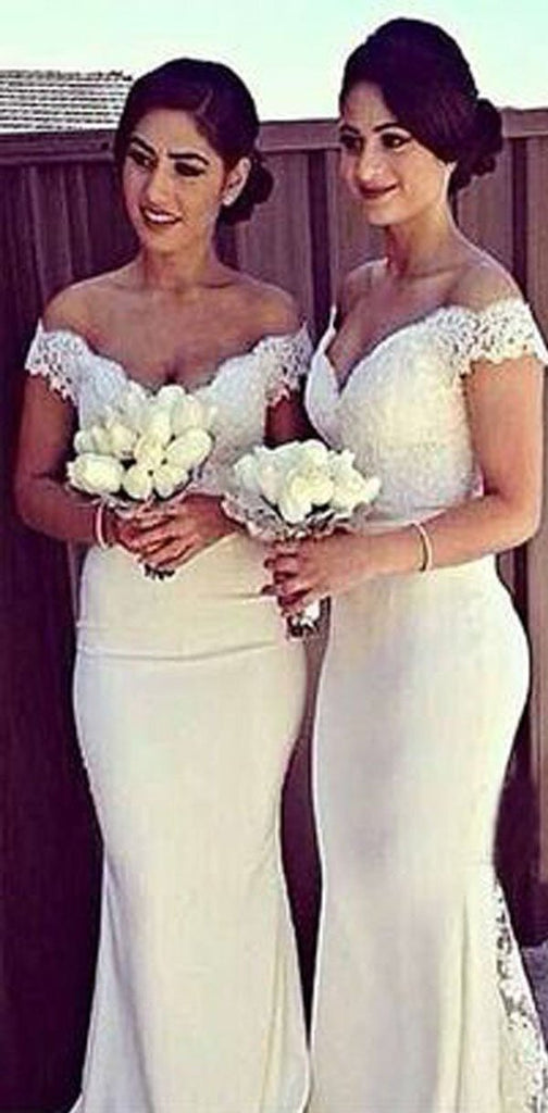 Sexy Ivory Long Cap Sleeve Lace Mermaid Long Bridesmaid Dresses, WG10