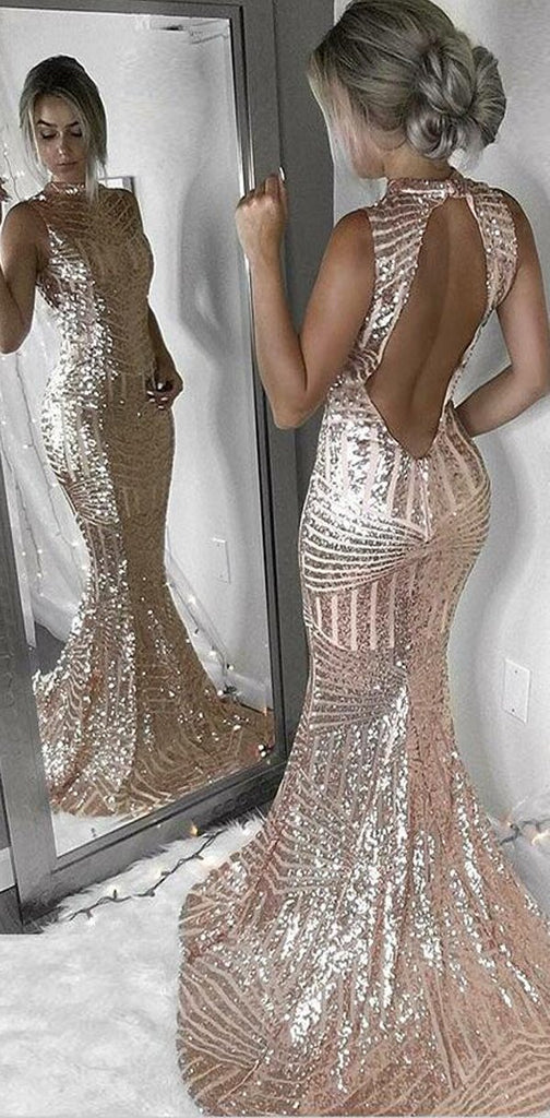 Pink Open Back Sequin Sparkly Mermaid Sexy Long Prom Dresses, PD0609
