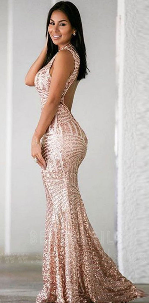 Pink Open Back Sequin Sparkly Mermaid Sexy Long Prom Dresses, PD0609