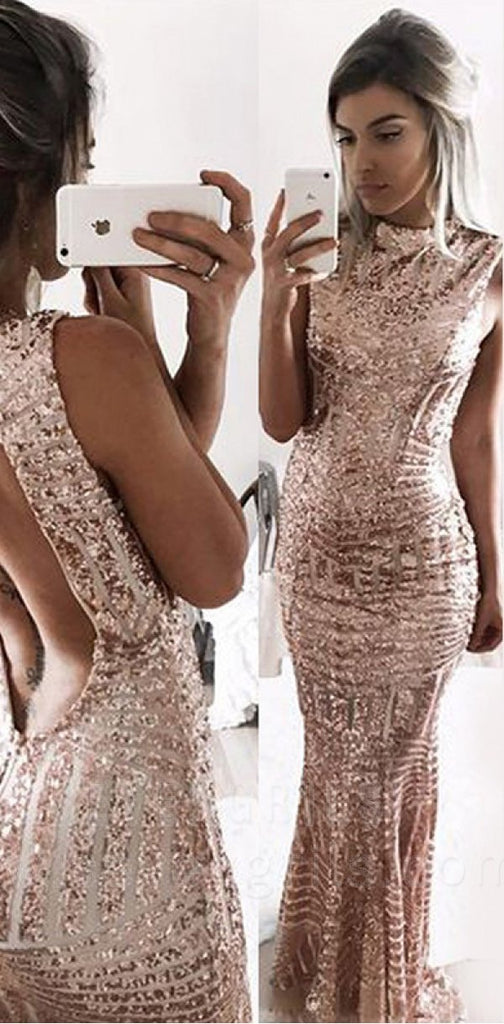 Pink Open Back Sequin Sparkly Mermaid Sexy Long Prom Dresses, PD0609