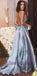 Spaghetti Straps Backless A-line Sparkly Long Blue V-Neck Prom Dresses, Party Dress, Evening dresses,  PD0565