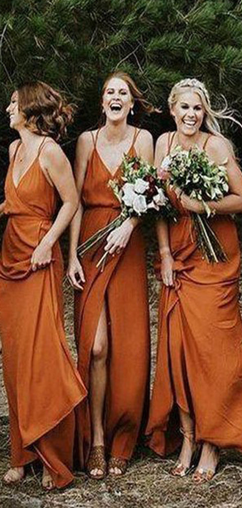 Coral Spaghetti Strap Simple Cheap A-Line V-Neck Fall Bridesmaid Dress, WG302