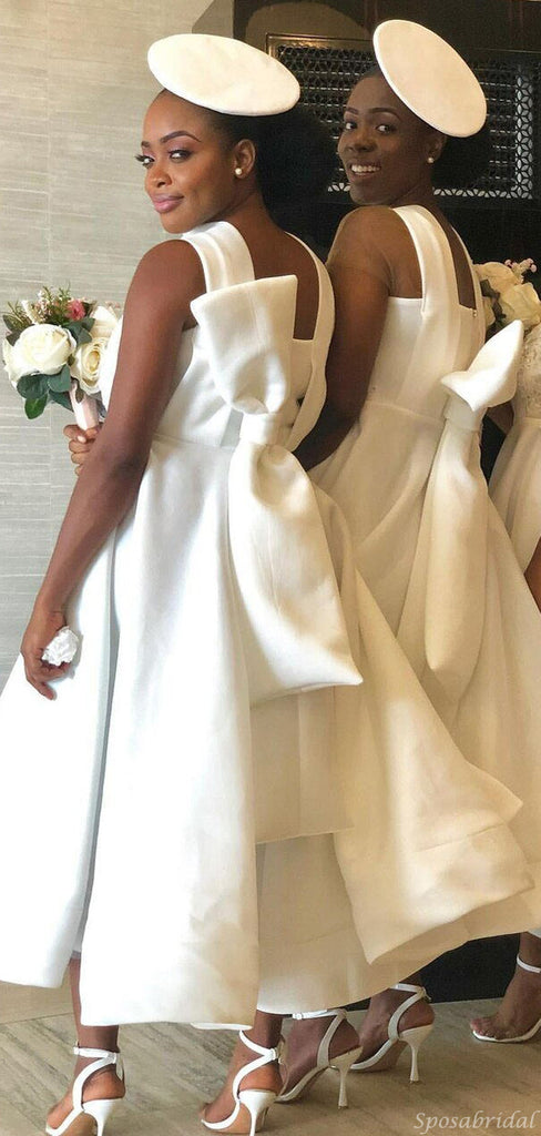 Elegant Ivory Grecian Lace Top A-line Tea-length Bow Tie Bridesmaid dresses, WG759