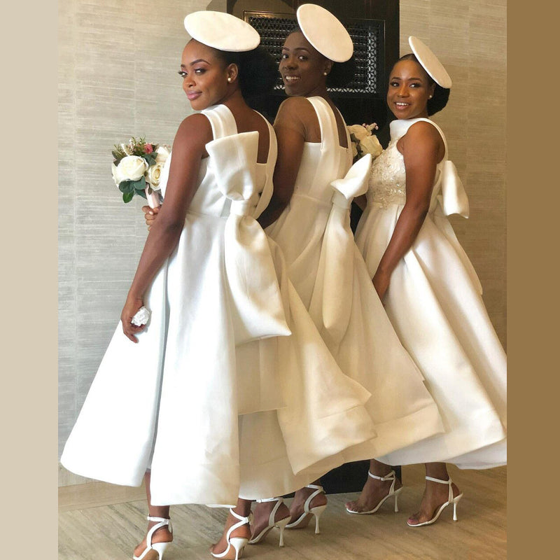 Elegant Ivory Grecian Lace Top A-line Tea-length Bow Tie Bridesmaid dresses, WG759
