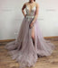 Spaghetti Straps Tulle Side Slit Fashion Popular Modest High Quality Prom Dresses, Evening dresses,  PD0589