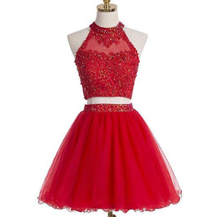 Blush red two pieces halter off shoulder cute freshman homecoming prom dress,BD0020 - SposaBridal