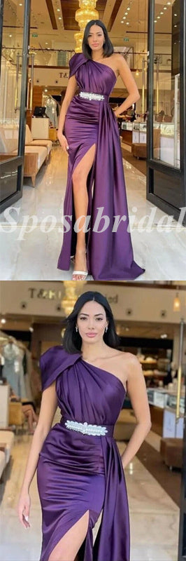 Elegant Satin One Shoulder Sleeveless Side Slit Mermaid Long Prom Dresses With Belt And Trailing, PD3619