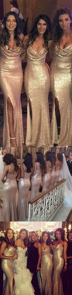 Sexy Seqin Mermaid Sparkly Side-slit Cheap Long Bridesmaid Dresses, WG26