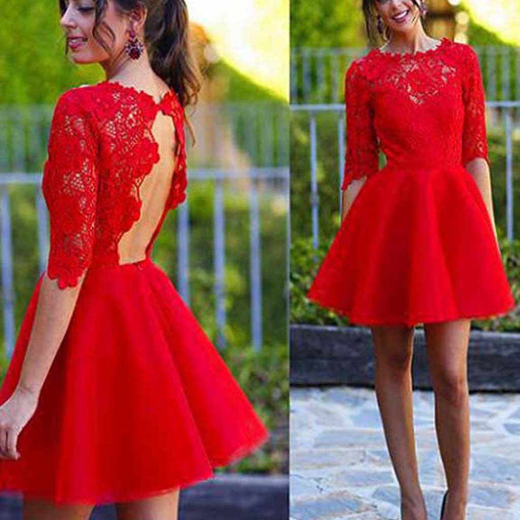 Blush red half sleeve see through lace open back charming homecoming prom gown dress,BD0023 - SposaBridal