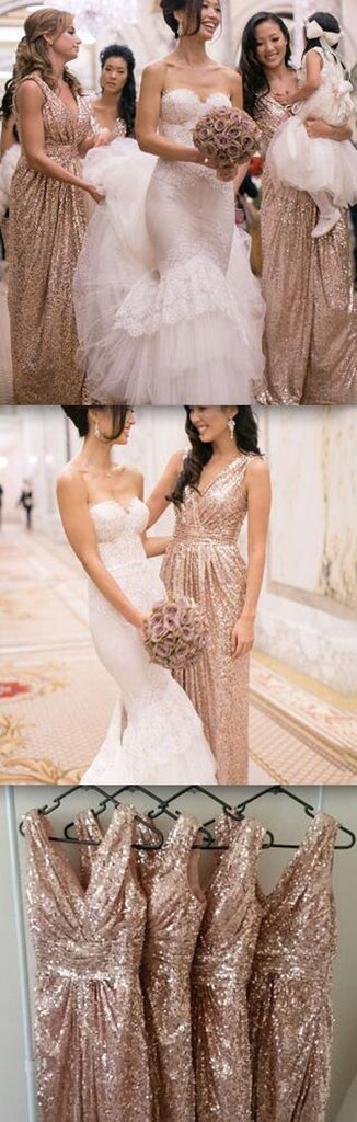 2019 Popular Cheap Sequin Long Off Shoulder V-Neck Floor-Length Bridesmaid Dresses, WG09 - SposaBridal