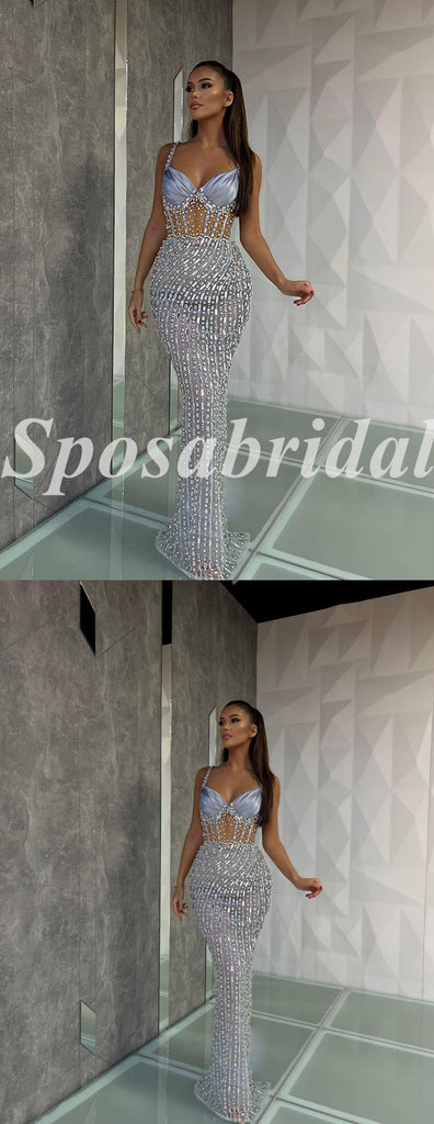 Sexy Spaghetti Straps V-Neck Satin Beading Sleeveless Mermaid Long Prom Dresses,PD3681