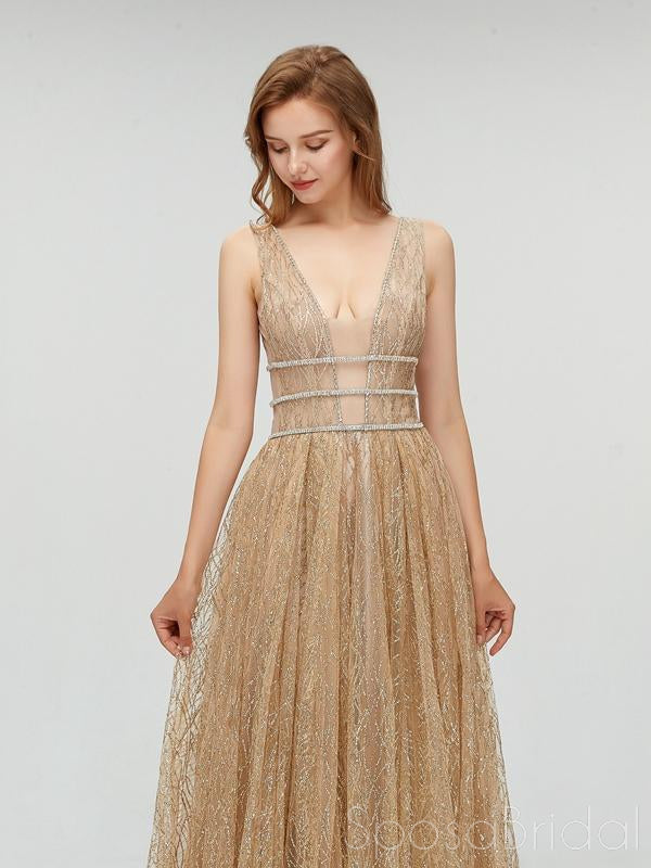 Sexy Sparkly Champagne Gold Elegant Deep V-neck Open Back Prom Dresses, PD0685