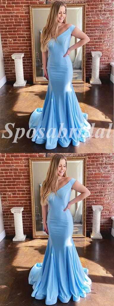 Sexy Satin Spaghetti Srtraps V-Neck Sleeveless Mermaid Long Prom Dresses, PD3596