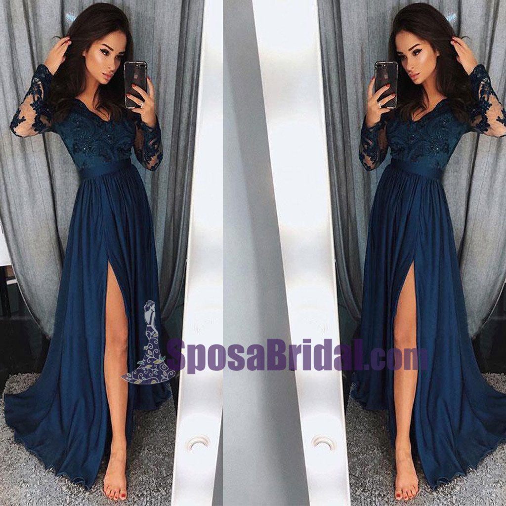 Charming Long Sleeves V neck Top Lace Chiffon Navy Grey Burgundy Prom Dresses, Evening dress, PD0668 - SposaBridal