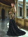 Luxurious Long Sleeves V-neck Gold Lace Black-rose Trumpet Mermaid  Long Prom Dress, PD3575