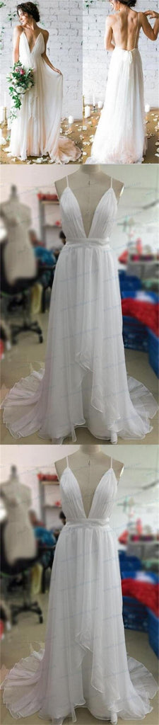 Charming Simple Deep V-neck Beach  backless Most Popular Wedding Dresses, WD0185 - SposaBridal