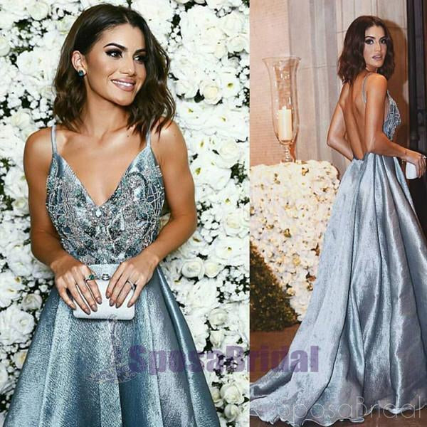 2019 Spaghetti Straps Backless A-line Sparkly Long Blue V-Neck Prom Dresses, Party Dress, Evening dresses,  PD0565 - SposaBridal