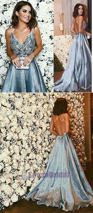 2019 Spaghetti Straps Backless A-line Sparkly Long Blue V-Neck Prom Dresses, Party Dress, Evening dresses,  PD0565 - SposaBridal