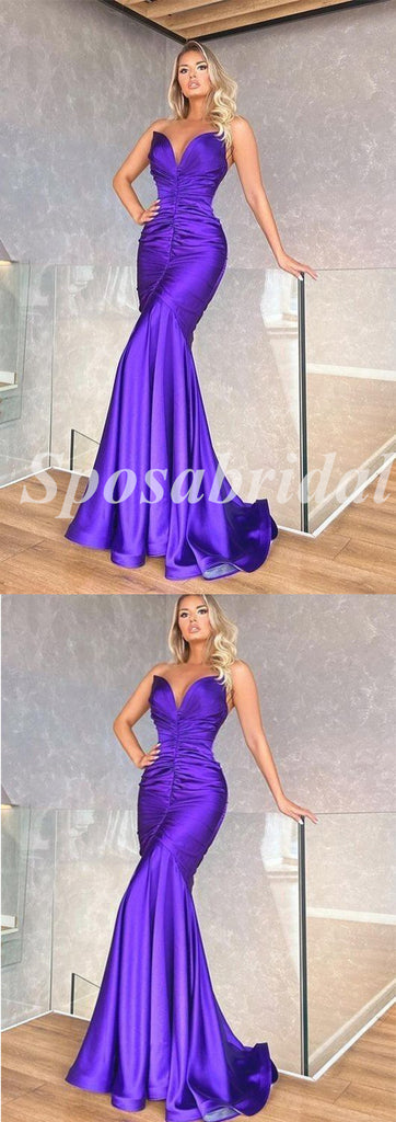Sexy Soft Satin Sweetheart V-Neck Sleeveless Mermaid Long Prom Dresses, PD3591