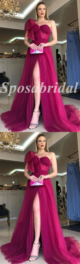 Elegant Tulle One Shoulder sleeveless Bone Side Slit A-Line Long Prom Dresses,PD3640