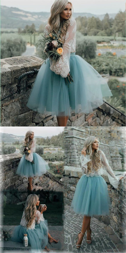 Cheap Tulle and Lace Two Pieces Blue Short Prom dress, Cocktail Homecoming Dress, PD0379 - SposaBridal