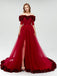 A Line Off The Shoulder Burgundy Tulle Prom Dresses With Appliques Split, Evening Dress, PD1128