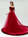 A Line Off The Shoulder Burgundy Tulle Prom Dresses With Appliques Split, Evening Dress, PD1128