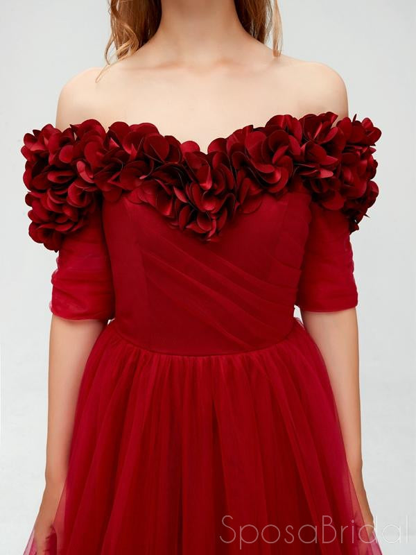 A Line Off The Shoulder Burgundy Tulle Prom Dresses With Appliques Split, Evening Dress, PD1128