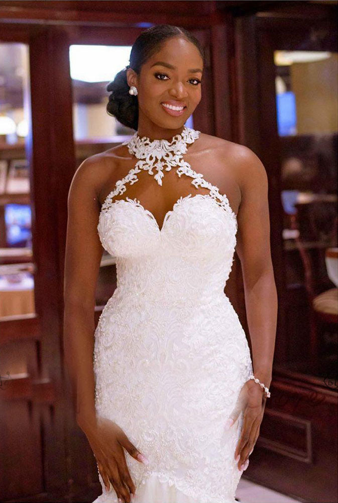 Sexy Luxury Halter Lace Sweetheart Mermaid With Long Train Wedding Dress, WD3067