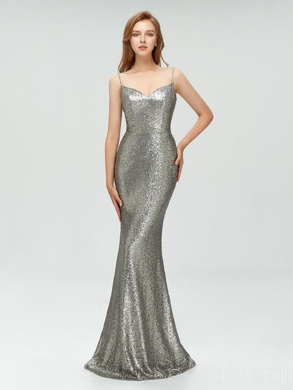 Charming Sexy Spaghetti Straps Cheap Silver Red Sequins Mermaid Long Prom Dresses, PD0978