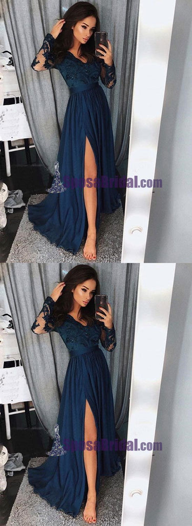 Charming Long Sleeves V neck Top Lace Chiffon Navy Grey Burgundy Prom Dresses, Evening dress, PD0668 - SposaBridal
