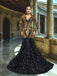 Luxurious Long Sleeves V-neck Gold Lace Black-rose Trumpet Mermaid  Long Prom Dress, PD3575