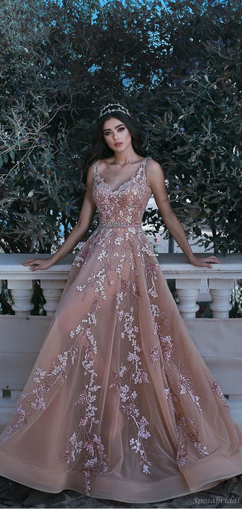 Charming Rose Champagne Floral Applique Sleeveless A-line Long Prom Dress, PD0704