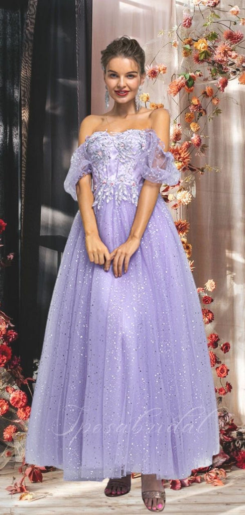 Lilac, Grey, Pink Off-shoulder Cute Lace Sparkly A-line Long Prom Dress, PD3572