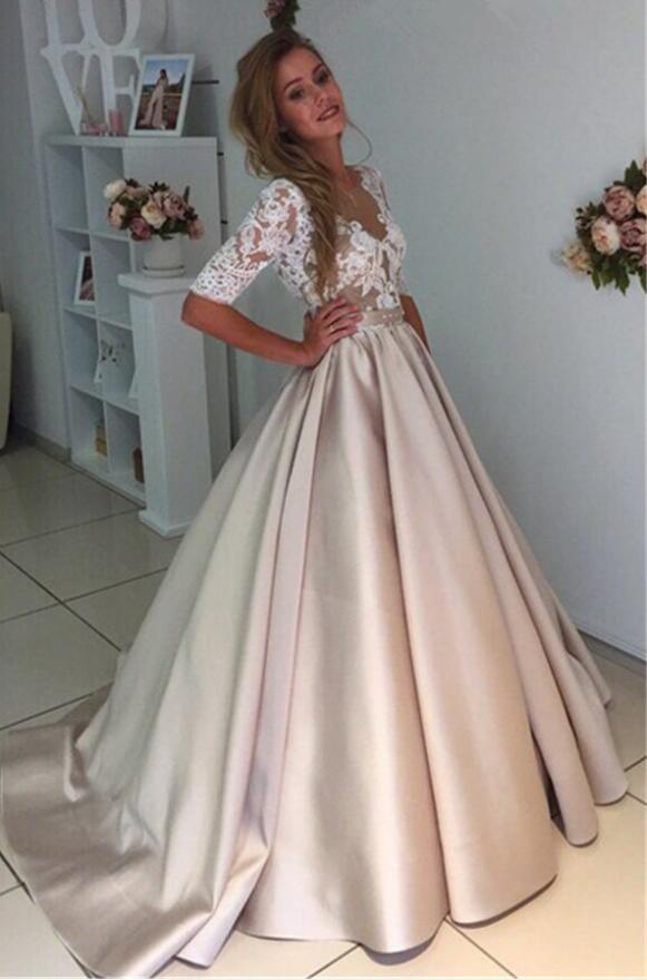 2019 Charming New Arrival Half Sleeves Lace Top Soft Beautiful Simple Wedding Dress, PD0287 - SposaBridal