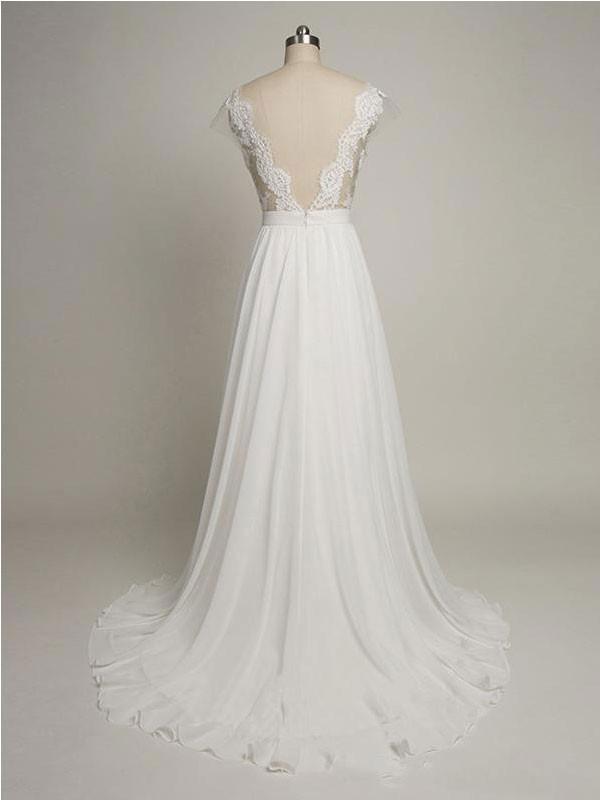 Backless See Through Cap Sleeve Lace Simple Cheap Beach Wedding Dresses, WD322 - SposaBridal