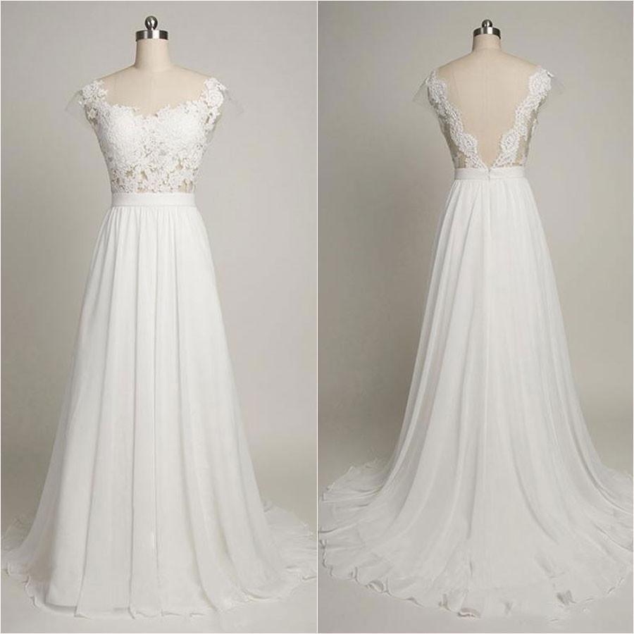 Backless See Through Cap Sleeve Lace Simple Cheap Beach Wedding Dresses, WD322 - SposaBridal